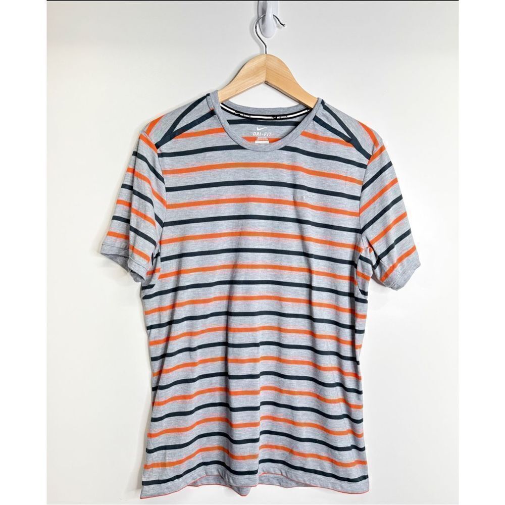 Nike DRI-FIT Shirt Mens Large Striped Gray/Orange Shirt Sleeve